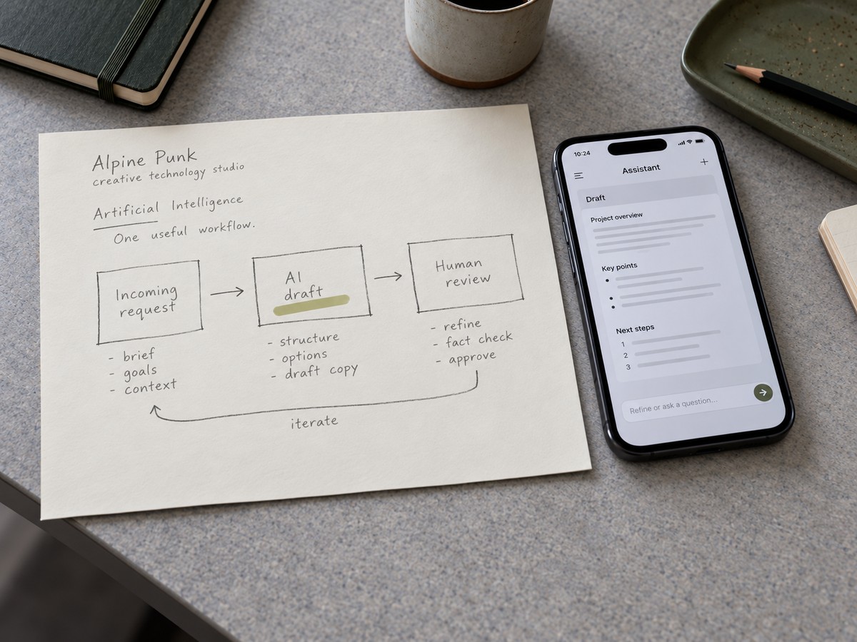 A paper AI workflow and phone on a grey countertop