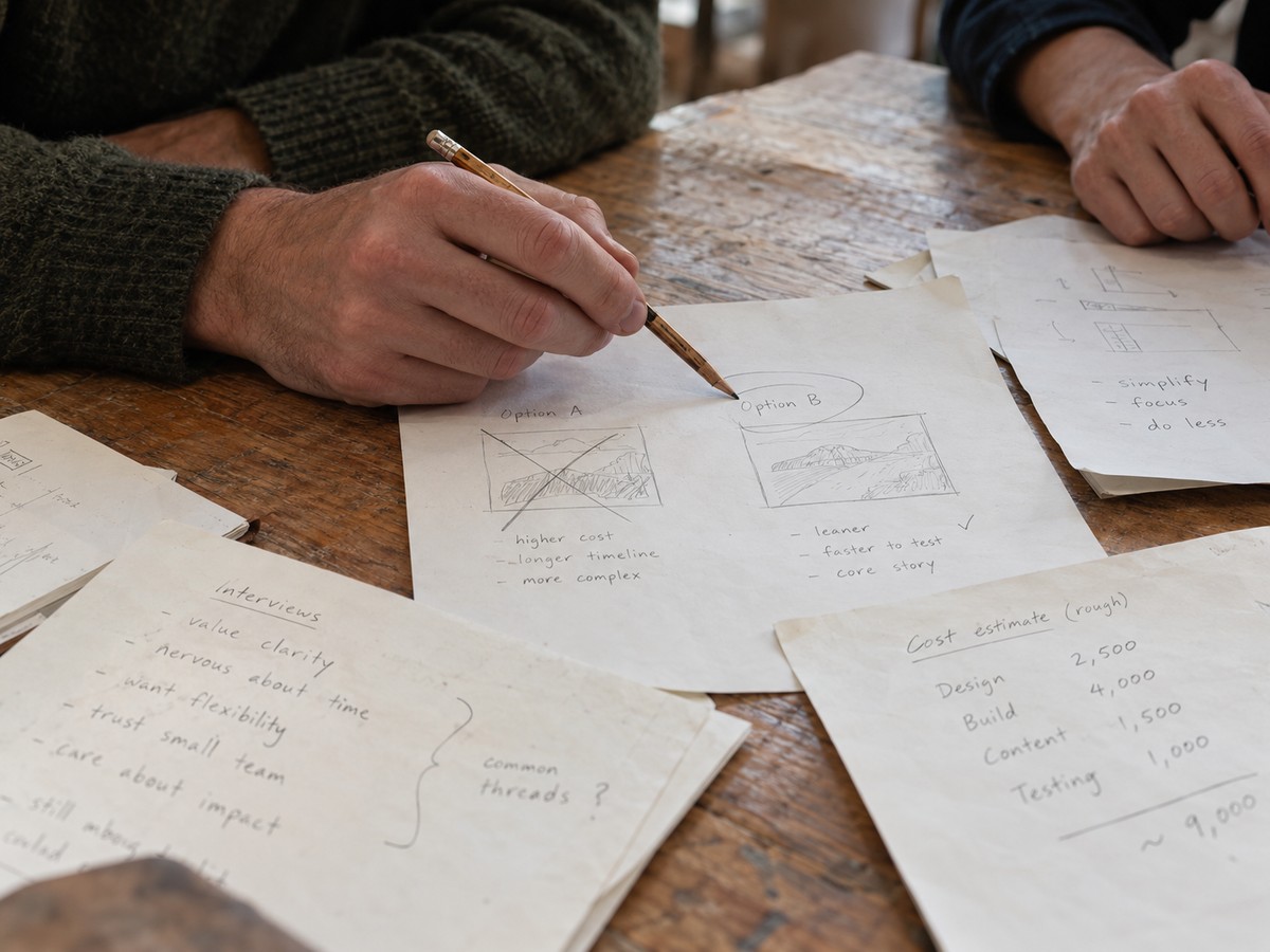 Pencil notes comparing two business directions alongside research findings and a rough cost estimate